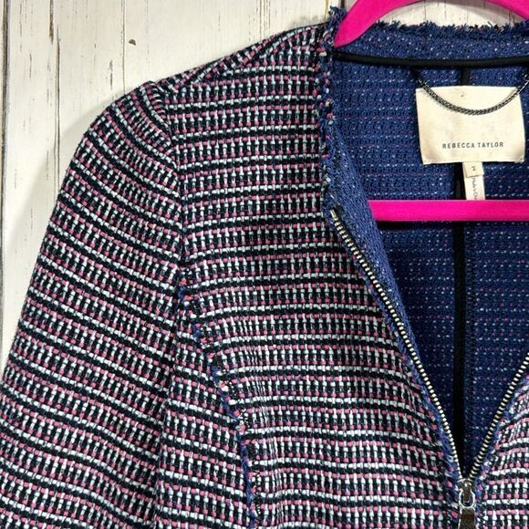Rebecca Taylor Tweed Moto Jacket Navy Pink Zip Front Blazer Size 2 Preppy Office - Picture 2 of 16
